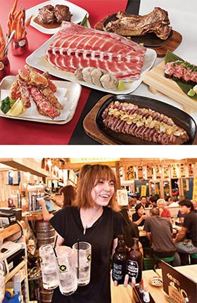 料理の写真と従業員が働いている写真