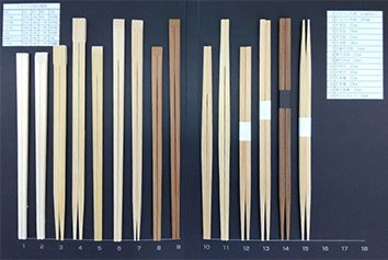 様々な形状で作られた割り箸が並んでいる
