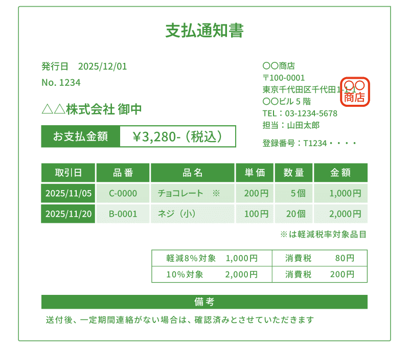 商品購入に関する支払通知書のサンプル画像