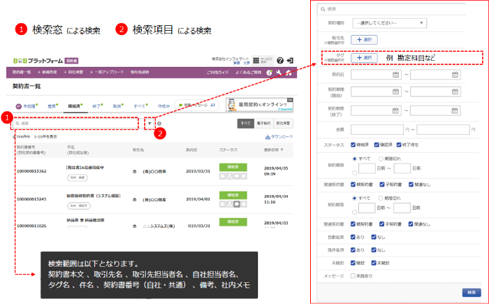 BtoBプラットフォーム 契約書は取引年月日、勘定科目、金額その他の主要な記録項目で検索できる電子契約サービスです