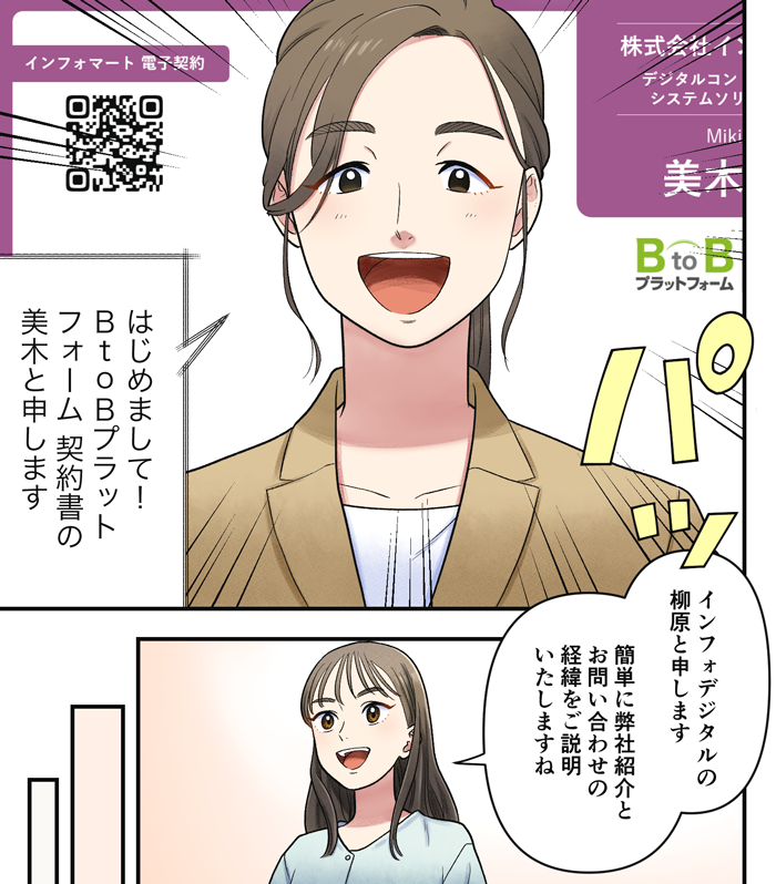 マンガでわかる電子契約推進のコツ⑤。─Web会議に美木が登場。美木：はじめまして！ 『BtoBプラットフォーム 契約書』の美木と申します。柳原：インフォデジタルの柳原と申します。簡単に弊社紹介とお問い合わせの経緯についてご説明いたしますね。